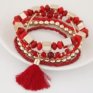 *GENESIS* Red Tassel x Bead Fashion Bracelet Set